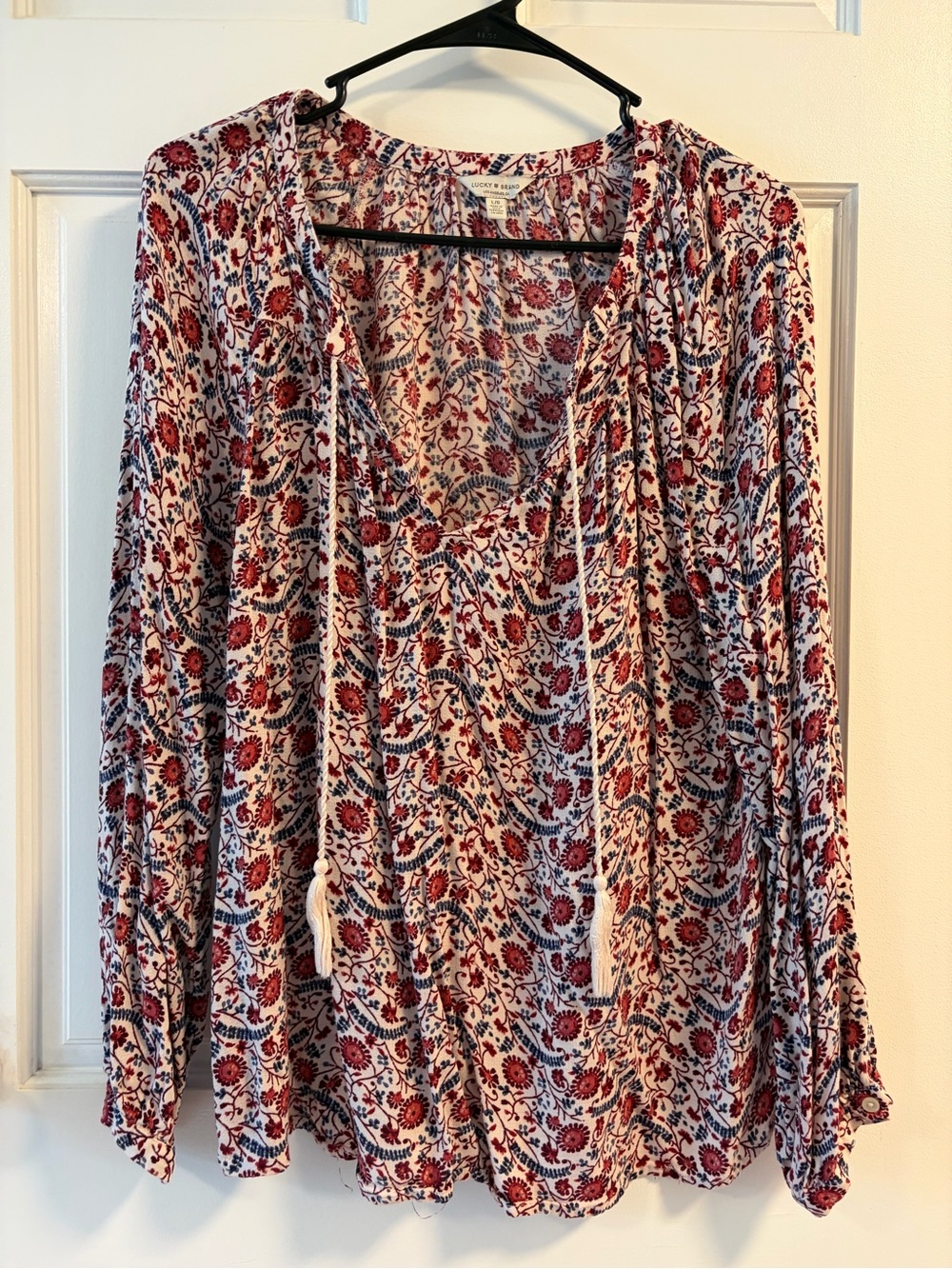 Lucky Brand Red & Blue Floral Tie-Front Peasant Blouse